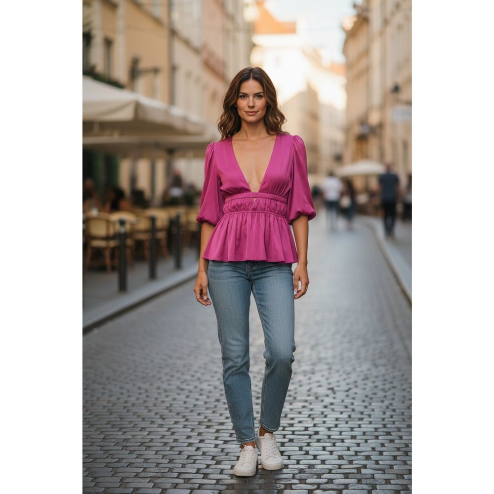 Dolan Left Coast Collection Blouse Womens Small Pink Deep V Peplum Tie Back Top